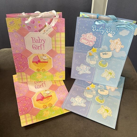 Baby Shower Large Gift Bags 12 Pack Ribbon Handles 6 Designs Pink & Blue NEW - Picture 13 of 16